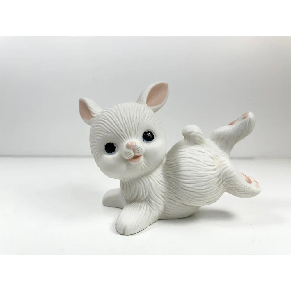 Vintage Homco Playful‎ white Baby Bunnies smiling pink ears set of 2 twee